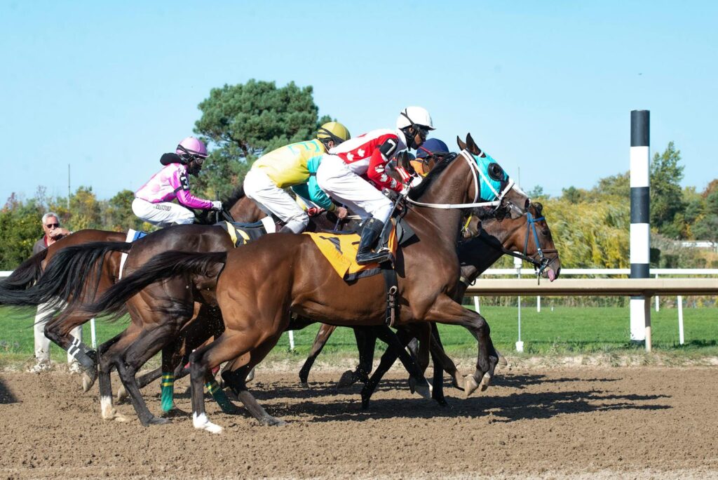 Exciting horse race featuring jockeys and thoroughbred horses sprinting on a dirt track.